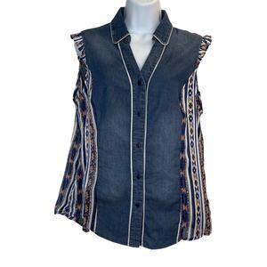 Desigual Womens Sleeveless Denim Shirt Naha XL V-Neck Button Up Aztec Side Panel